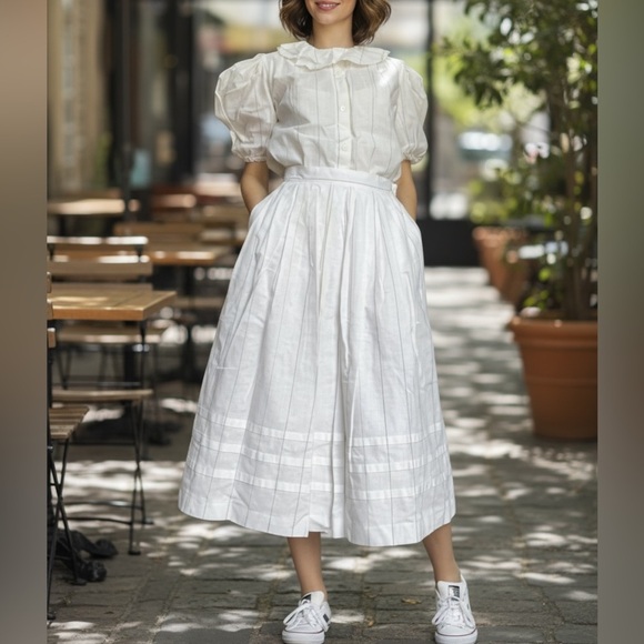 Henry Grethel Dresses & Skirts - Vtg Henry Grethel 80s White Linen Cotton Skirt Set Prairie Coastal Cottagecore